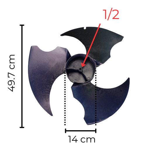 Aspa Condensador Para MiniSplit Mirage 2Ton, Diametro Exterior 49.7cm, Centro 14 cm, Flech 1/2, 3 Hojas - 12100105000181