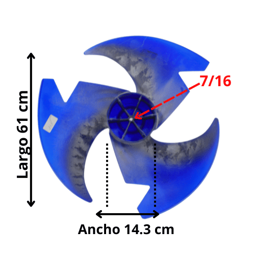 Aspa Condensador Para Minisplit Mirage 3 Ton Magnum 17, Largo 55.6 Ancho Aro 14cm Flecha 7/16 3 Hojas - 12100105000084