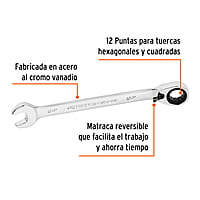 Llave combinada matraca reversible,1/2'x178mm,Truper Expert - LL-2016XR / 13431