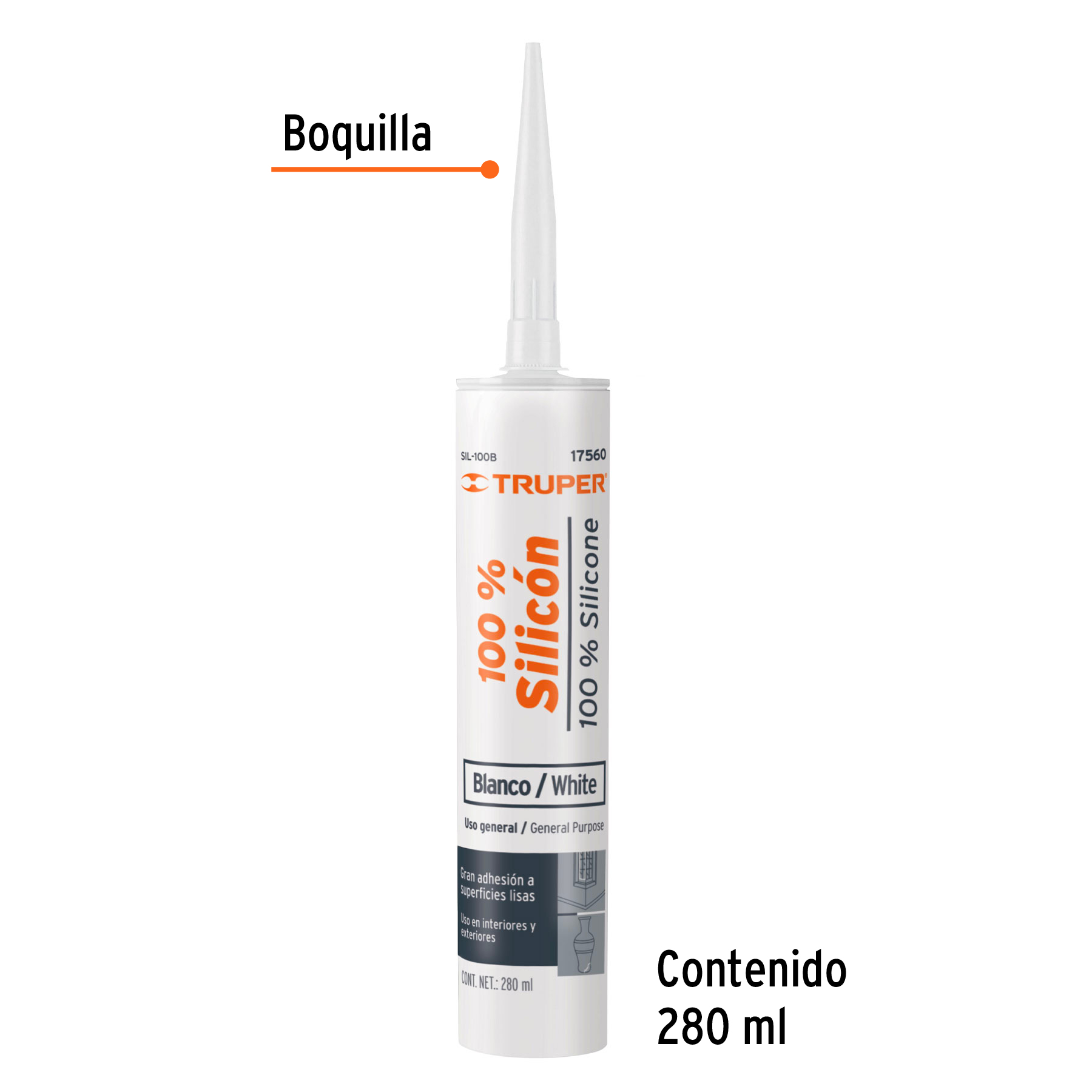 Sellador blanco, 100% de silicón, 280 ml - SIL-100B / 17560