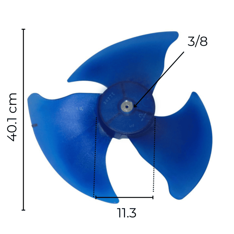 Aspa Condensador Para MiniSplit Mirage, 3 Hojas, Diametro: 40.1cm, Centro: 11.3 cm, Flecha: 3/8, Azul - 12100105000080