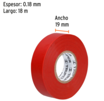 Cinta de aislar de 18 m x 19 mm, roja, Truper - M-33R / 12504