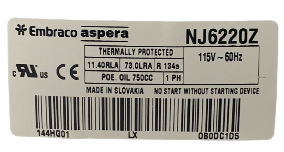 Compresor Aspera 3/4HP R-134 V220 - NJ6220Z-B